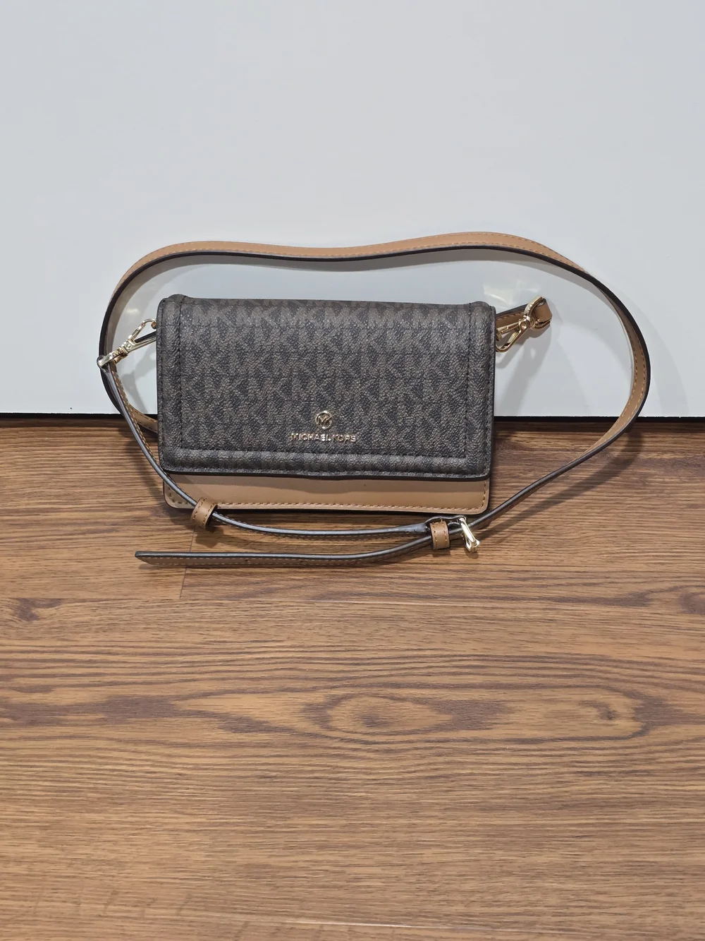 Michael Kors Brown and Tan Signature Logo Crossbody Wallet